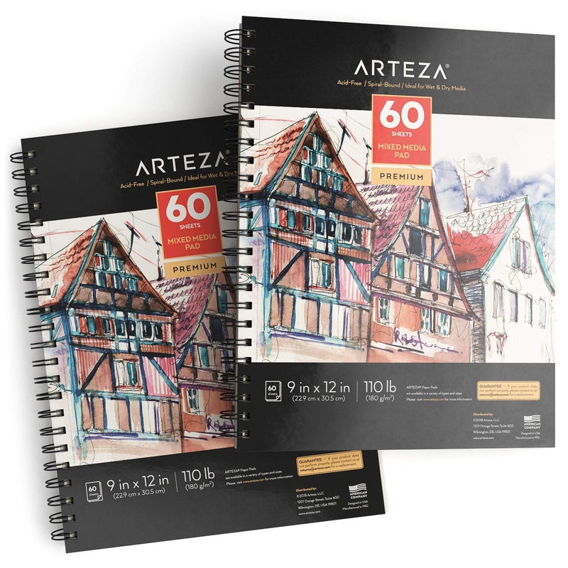 ARTEZA Mixed Media Sketchbook, 9x12 Inches â€“ 2-Pack, 60 Spiral-Bound Sheets, 110 lb Acid-Free Paper for Wet & Dry Media: Acrylic, Ink, Pencil & More - Image 1
